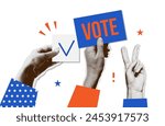 Trendy Banner for election. Halftone hands calling to USA election voting and holding paper signs . Collage for US Election 2024 campaign. Vote day, November 5. Vector nostalgic illustration.