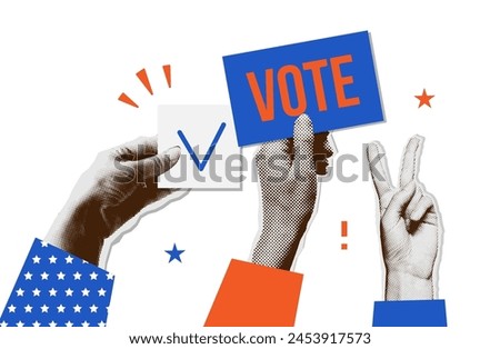 Trendy Banner for election. Halftone hands calling to USA election voting and holding paper signs . Collage for US Election 2024 campaign. Vote day, November 5. Vector nostalgic illustration.