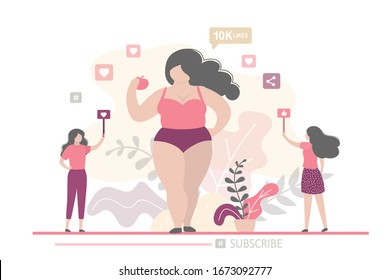 Trendy banner of female blogger who leads healthy lifestyle. Cute lady with a lot of followers. Body positive girl with apple. Plump girl in underwear. Love your body concept. Flat vector illustration