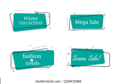 Diseño de banner de moda, aislado de fondo blanco. Banner para sitio web, plantilla de diseño, etiqueta, pegatina y placa. Útil para carteles, tarjetas y afiches. Colección moderna de pancartas creativas
