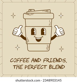 Trendy banner with funny characters drinks with slogan. Coffee in glass and cup on a beige background. Branding mascots sticker for bar, cafe and restaurant. Cute vector illustration.