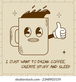 Trendy banner with funny characters drinks with slogan. Coffee in glass and cup on a beige background. Branding mascots sticker for bar, cafe and restaurant. Cute vector illustration.