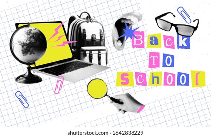 Trendy banner halftone collage on the theme of back to school. Globe and laptop, hand with magnifying glass, mouth, letters made of cut-out paper.