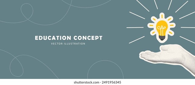 Trendy banner with halftone hand and glowing light bulb. Concept of education. Business solutions, new idea. Creative mind or brainstorming. Horizontal poster. Modern vector illustration