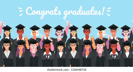 Trendy banner, landing page or flyer concept. Seamless vector illustration of a group of graduate students with their diplomas on a blue background with a greeting at the top.