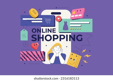 Trendy banner of online store, e-commerce, add to cart, shopping and payment. Creative concept for web banner, social media banner, business presentation, marketing material. Vector illustration