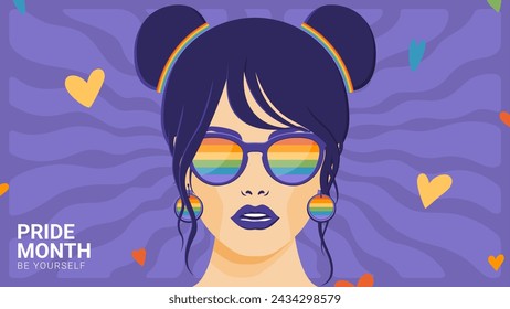 Trendy banner for Pride Month. Vector background with young woman with retro rainbow flag colored sunglasses and earrings. Banner of Pride Month with LGBTQ Flag Colours. Tolerance and freedom concept.