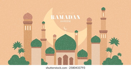 Trendy banner for Ramadan Kareem. Vector illustration with mosque, stars and crescent in pastel colors. Holy month Ramadan. Modern card for Islamic holiday. Arabic text translation Ramadan Kareem.