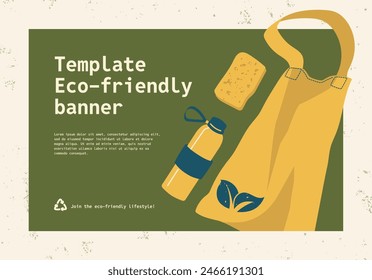 A trendy banner template promoting an eco-friendly lifestyle. Emphasizes the principles of Reduce, Reuse, Recycle. Images of a reusable shopping bag, bottle, and loofah. Yellow, green, blue colors.