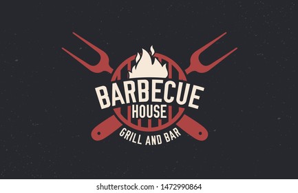 Trendy Barbecue BBQ Grill Logo Template. Vintage Barbecue Logo With Grill Fork. Retro Poster For Steakhouse, Restaurant. Vector Illustration