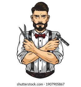Trendy barber man with beard and mustache modern hairstyle holding scissors and razor in different hands isolated vector illustration