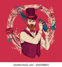 trendy bartender with glamour cocktails and rose, can be used as poster for lady's night party, vector illustration