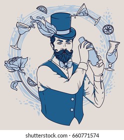 trendy bartender with glamour cocktails and rose, can be used as poster for lady's night party, blue colors, vector illustration