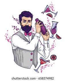 trendy bartender making glamour cocktails, can be used as poster for lady's night party, vector illustration