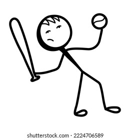 Trendy baseball player stick figure, hand drawn icon 