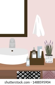 Trendy bathroom interior. Mirror, sink, mixer tap, flower, towel, cream, boxes. Vector Illustration in Scandinavian or minimalist style. 