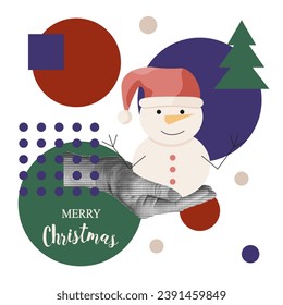 Trendy Bauhaus Geometric Christmas greeting card cover design. XMAS logo with Geometrical shape and Halftone hand. Modern vector illustration can used t-shirt print, web. Bauhaus retro art Snowman.