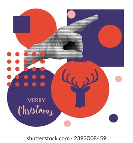 Trendy Bauhaus Geometric Christmas greeting card cover design. XMAS logo with Geometrical shape and Halftone hand. Modern vector illustration can used t-shirt print, web. Bauhaus retro art.