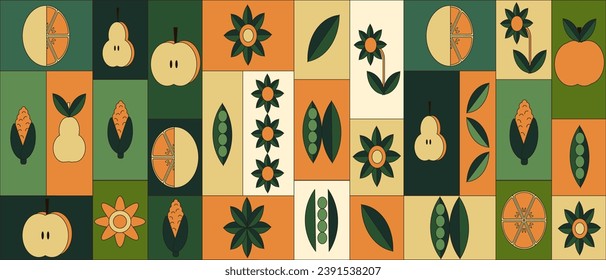 
Trendy Bauhaus Geometrical plant collage. Modern Geometric background with Bauhaus flowers and food can used kitchen wallpaper, web backdrop and textile print. Vector illustration.