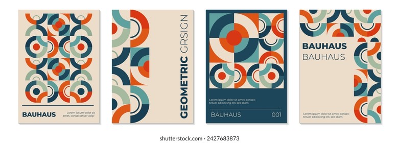 Trendy bauhaus pattern backgrounds set with primitive shapes elements. Modern abstract geometric cover templates for magazine, journal or album creative art cover, brochures, posters, branding, social