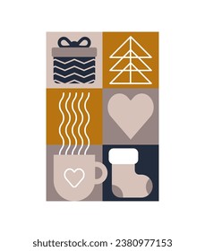 Afiche navideño de moda en bauhaus. Formas de invierno geométricas vectoriales. Elementos de diseño modernos y sencillos. Impresión retro de moda para tarjeta de saludo, diseño web