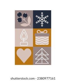 Afiche navideño de moda en bauhaus. Formas de invierno geométricas vectoriales. Elementos simples de diseño abstracto y moderno. Impresión retro de moda para tarjeta de saludo, diseño web