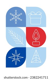 Trendy bauhaus pattern Christmas poster. Vector geometric winter shapes in blue and red colors. Simple abstract modern design elements. Fashion retro print for greeting card, web design