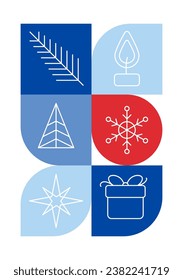 Trendy bauhaus pattern Christmas poster. Vector geometric winter shapes in blue and red colors. Simple abstract modern design elements. Fashion retro print for greeting card, web design