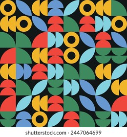 Trendy Bauhaus pattern with geometric shapes, geometry graphics. Geometry modern grid pattern. Abstract geometric pattern design in retro style, seamless pattern for wrapping, pack paper, poster.