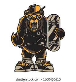 Trendy Bear holding a skateboard Illustrated Vintage Colour