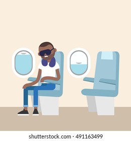 Trendy bearded black man sleeping on the plane / editable flat vector illustration