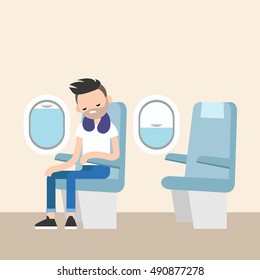 Trendy bearded man sleeping on the plane / editable flat vector illustration