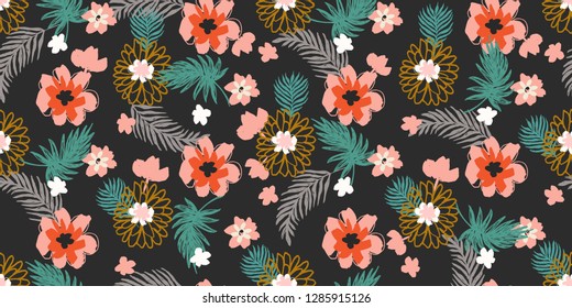 Trendy Beautiful Exotic Flowers and Leaves Pattern.Illustration for Surface , Invitation , Notebook, Banner , Wrap Paper ,Textiles, Cover, Magazine ,Postcard Background ,Textile , Wallpaper, Fashion