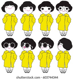 Trendy Beautiful Girls In Chic Bright Yellow Fur Coat Outfit Character illustration