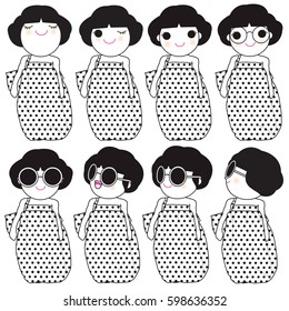 Trendy Beautiful Girls In Chic Fall Long Polka Dot Strapless Dress Outfit Character illustration