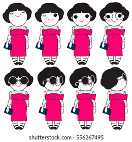 Trendy Beautiful Girls In Chic Pre-Fall Shocking Pink Dress Outfit Character illustration