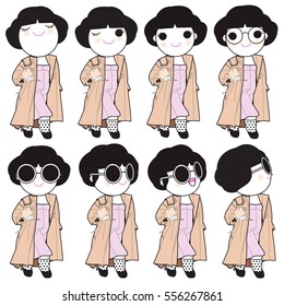 Trendy Beautiful Girls In Chic Pre-Fall Dress And Coat Outfit Character illustration