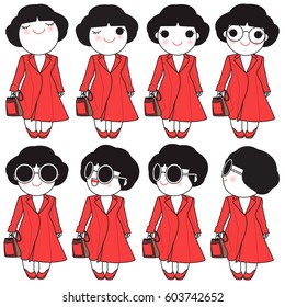 Trendy Beautiful Girls In Chic Red Coat Outfit Character illustration