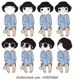 Trendy Beautiful Girls In Spring Chic Blue Outfit Character illustration