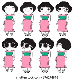 Trendy Beautiful Girls In Summer Elegant Pink And Green Dress Outfit Accessory Character illustration