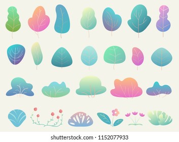 Trendy and beautiful gradient color simple flat forest elements. Bushes, floral elements and trees.
