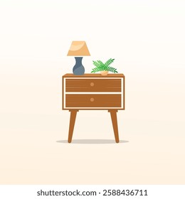 Trendy and beautiful indoor plant illustration design. A realistic wood bedside table design with a table lamp and indoor plant is shown on an isolated background. Furniture. 