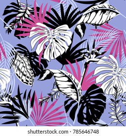 Trendy Beautiful seamless vector triopical summer pattern background with  palm leaves on purple background.