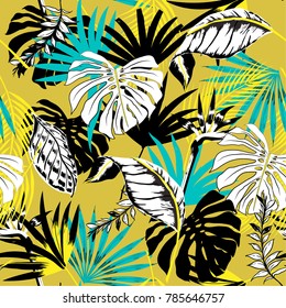 Trendy Beautiful seamless vector triopical summer pattern background with palm leaves. Perfect for wallpapers, web page backgrounds, surface textures, textile on yellow Trendy Beautiful seamless vector triopical summer pattern background with palm leaves. Perfect for wallpapers, web page backgrounds, surface textures, textile on yellow