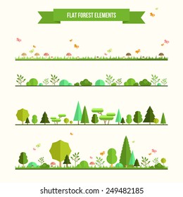 Trendy and beautiful set of flat forest elements. Include grass, mushrooms, berries, bushes and trees