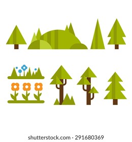 Trendy and beautiful set of flat forest elements vector