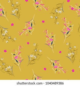 Trendy Beautiful summer bright garden Floral pattern in the many kind of flowers. Tropical botanical  For fashion prints. Printing with in hand drawn style yellow background.
