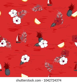Trendy and Beautiful summer Tropical with blooming flowers palm leaves,with outline Exotic  hibiscus flowers  seamless vector floral pattern background isolate on summer red  color 
