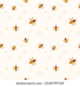 Trendy bee seamless background vector. Cute summer or spring pattern with flat style bees and beige background. Cartoon bee vector illustration
