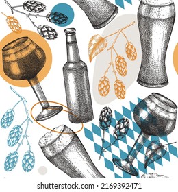 Trendy beer background in collage style. Vector seamless pattern with hop plant, beer glasses, and bottle. Modern graphics backdrop for bar or restaurant menu design, packaging, and textile.